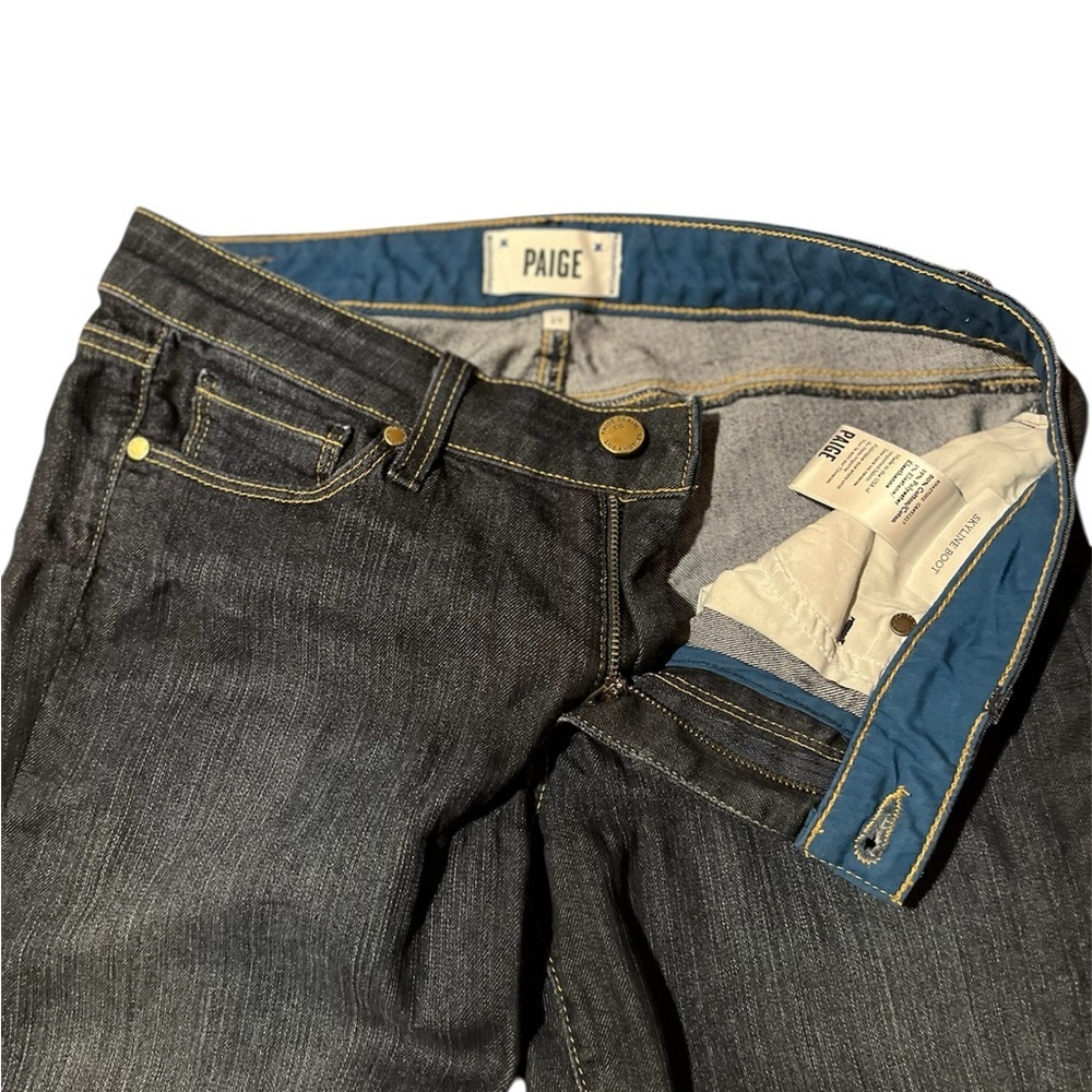 PAIGE Anthropologie Deep Dark Indigo Skyline Low Rise Bootcut Western Wide Jeans - Picture 8 of 15